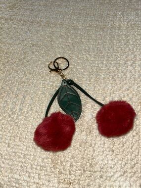 NWOT Plush Cherry Pom Keychain with Green Leaf Accent